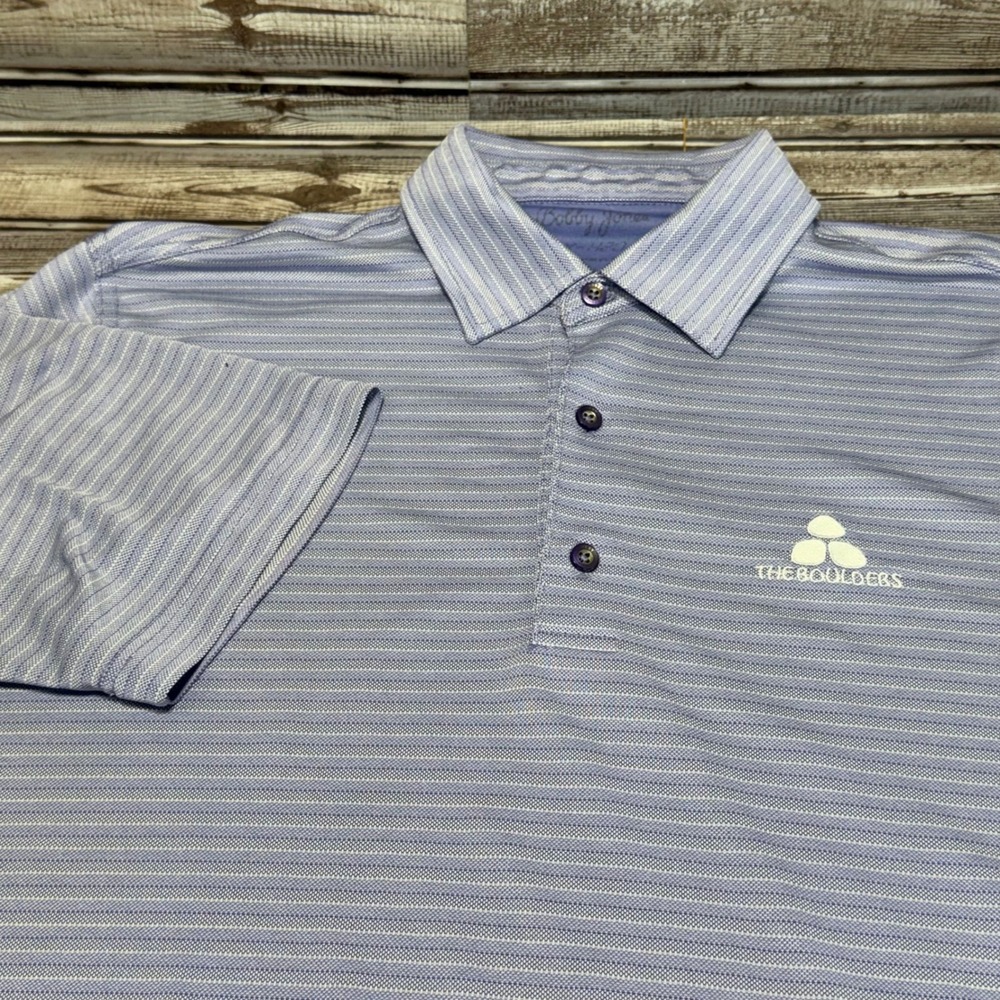Bobby Jones Mens Blue Striped The Boulders Logo Golf Polo Shirt Size Medium